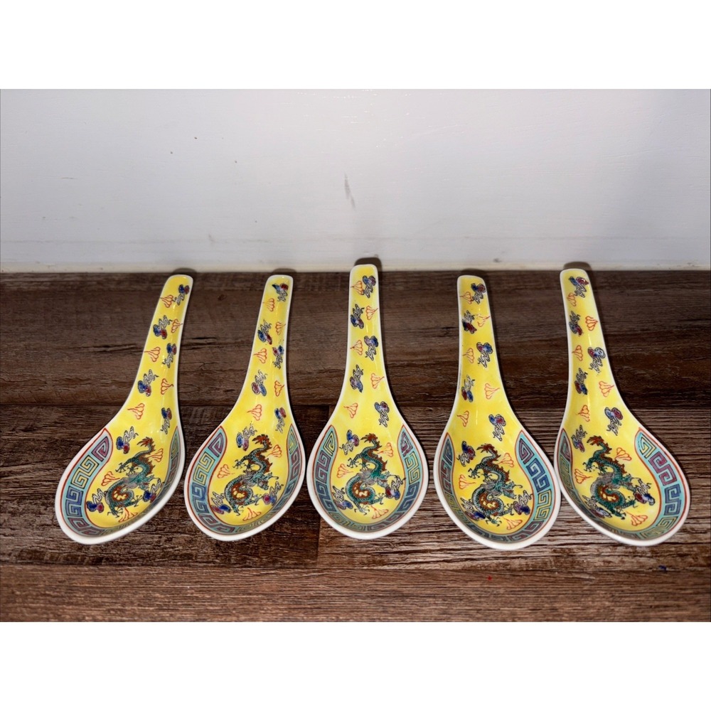 5/Porcelain Hand-Painted Chinese Spoons 5 Toe Dragon & Flaming Pearl 5.25"